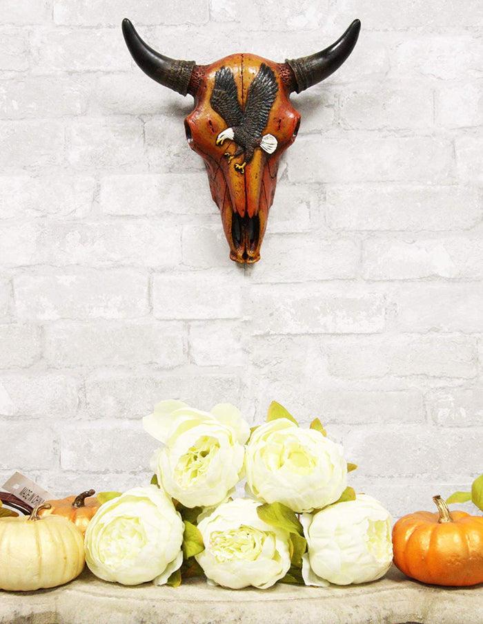 10.5"L Western Southwest Steer Bison Bull Cow Skull With Bald Eagle Wall Decor
