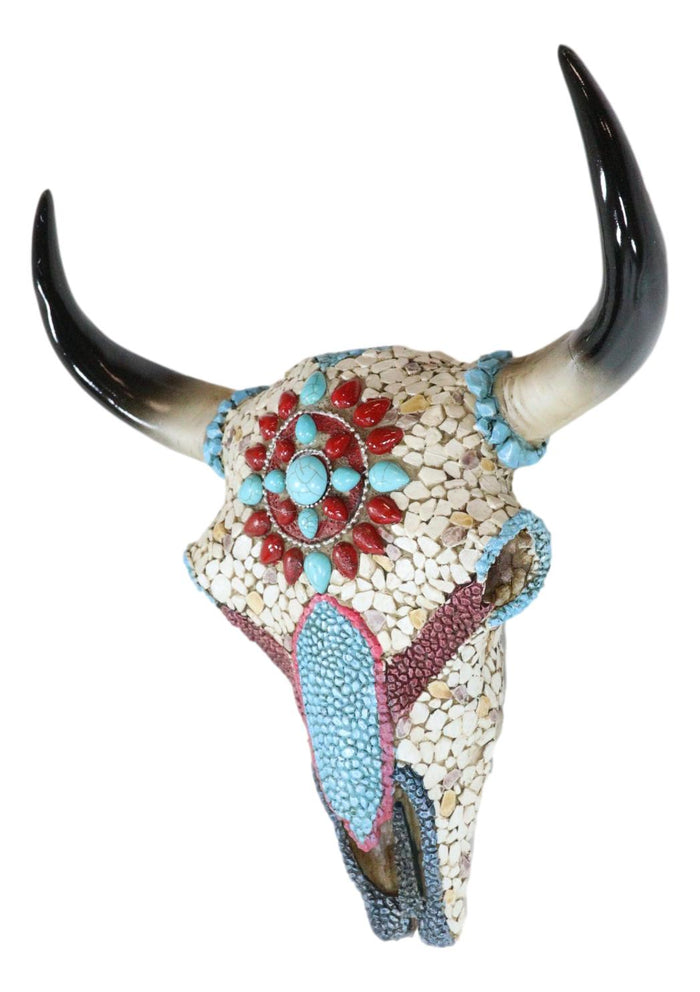 10.5"W Turquoise And Red Gems Mosaic Southwest Steer Cow Skull Wall Decor