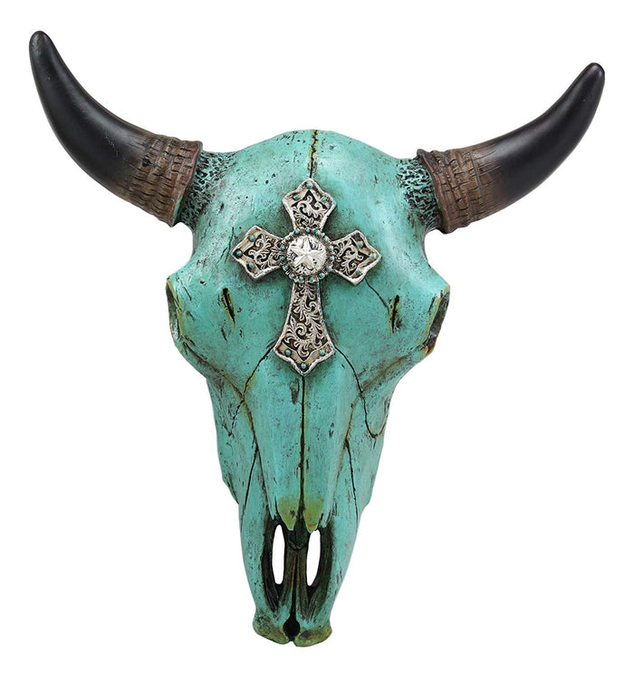 10.5"W Turquoise Southwest Steer Bison Bull Cow Skull Silver Cross Wall Decor