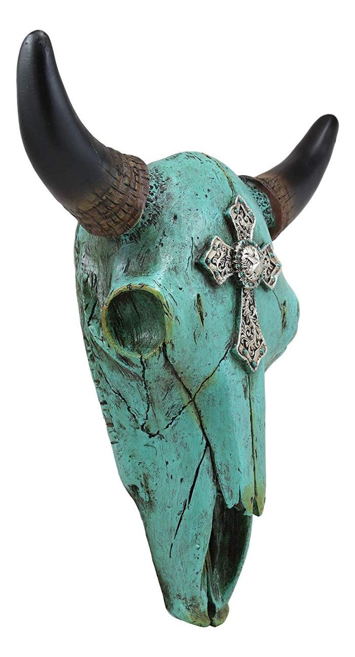 10.5"W Turquoise Southwest Steer Bison Bull Cow Skull Silver Cross Wall Decor