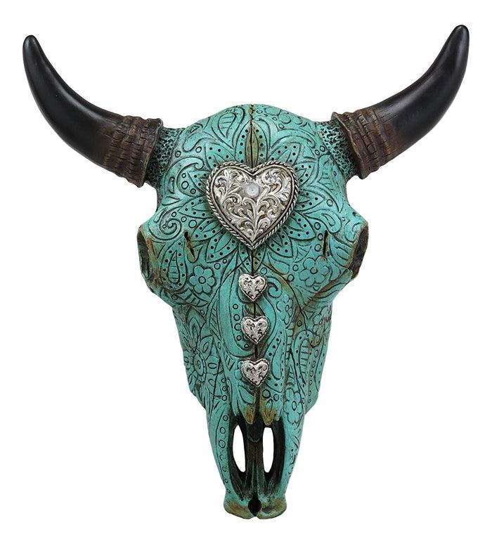 10"L Southwest Steer Bison Bull Cow Skull Turquoise With Scroll Heart Wall Decor