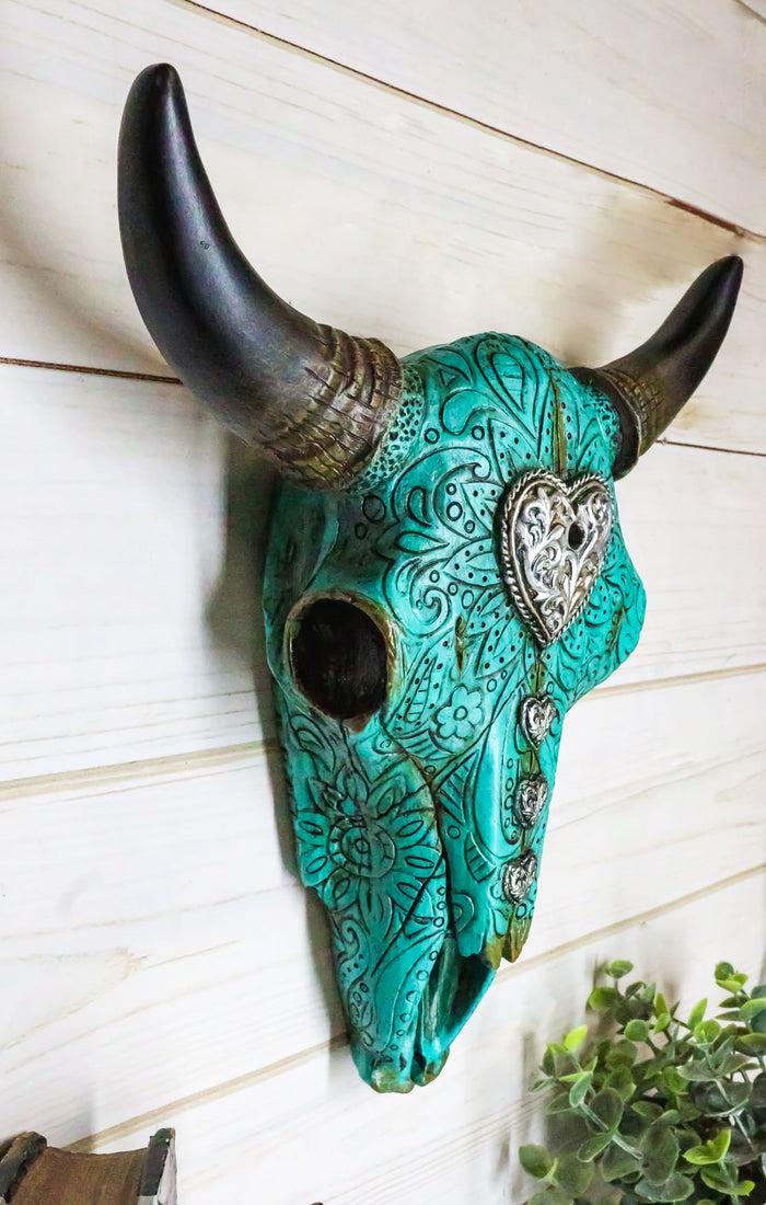 10"L Southwest Steer Bison Bull Cow Skull Turquoise With Scroll Heart Wall Decor
