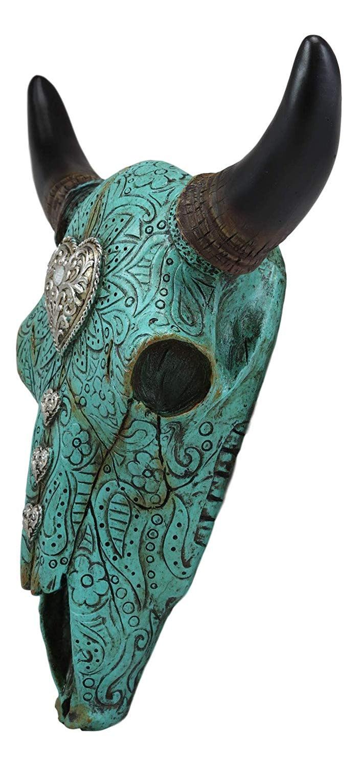 10"L Southwest Steer Bison Bull Cow Skull Turquoise With Scroll Heart Wall Decor