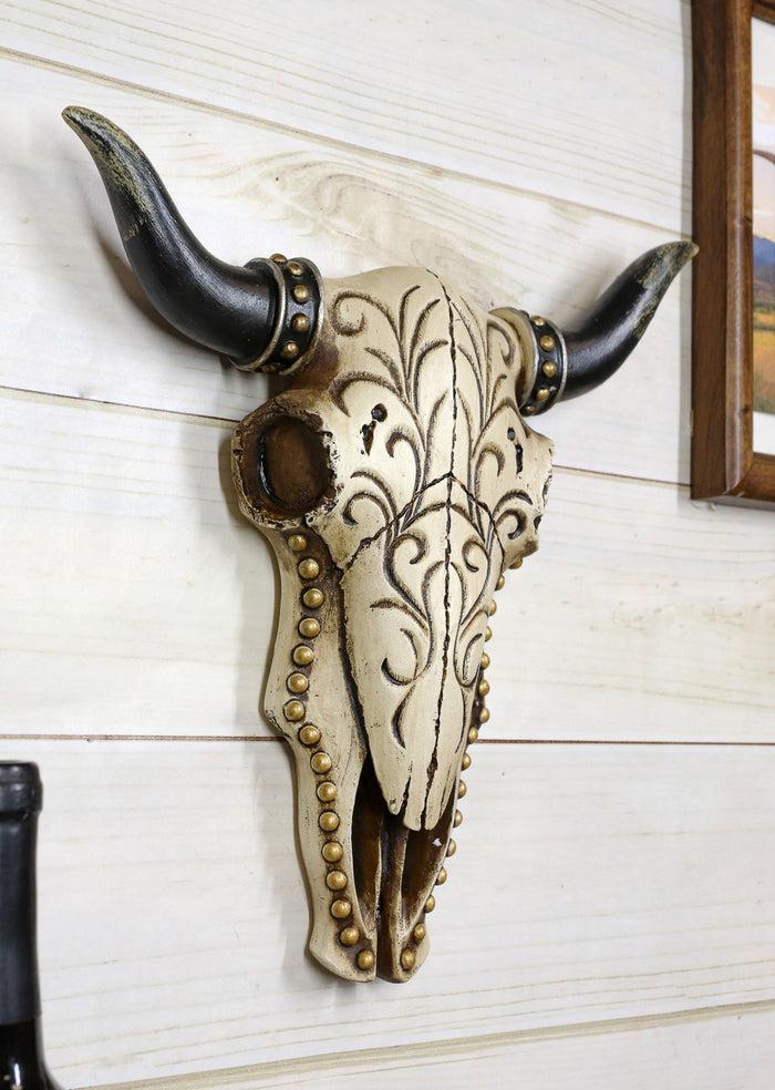 11"H Rustic Western Steer Bison Bull Cow Skull With Floral Scroll Wall Decor