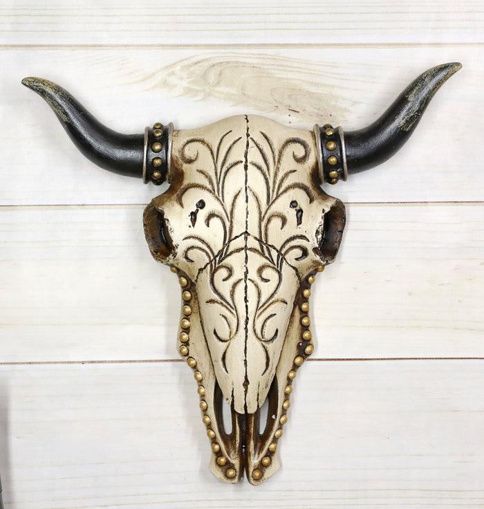 11"H Rustic Western Steer Bison Bull Cow Skull With Floral Scroll Wall Decor