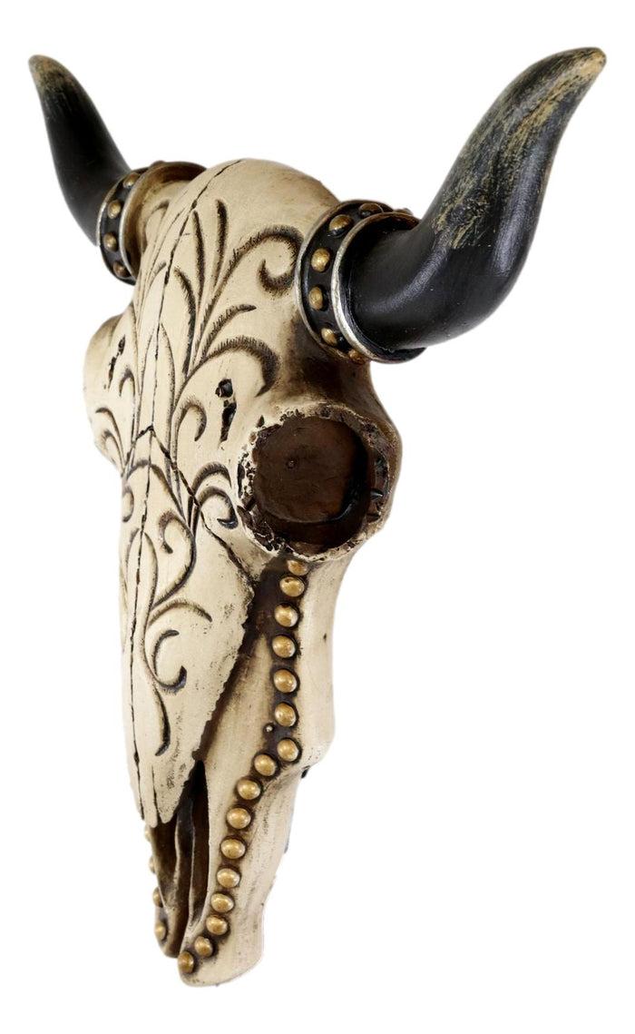 11"H Rustic Western Steer Bison Bull Cow Skull With Floral Scroll Wall Decor