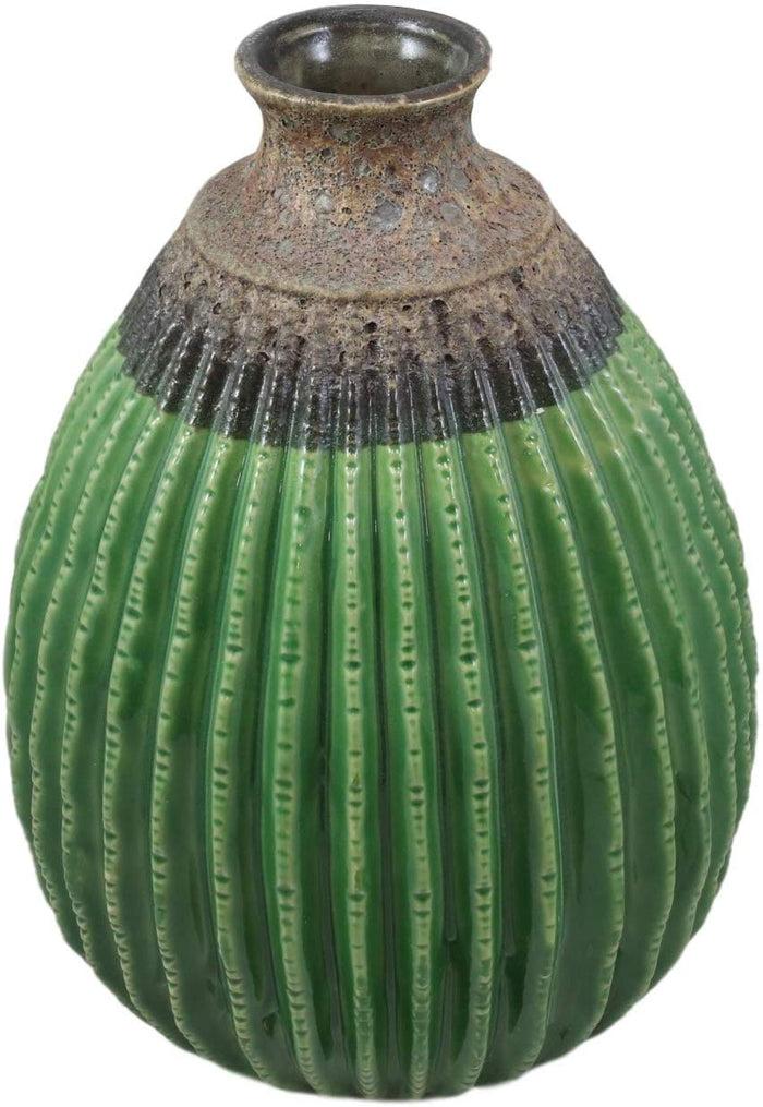 11"Tall Glazed Ceramic Southwestern Desert Bulbous Cactus Oval Floral Vase