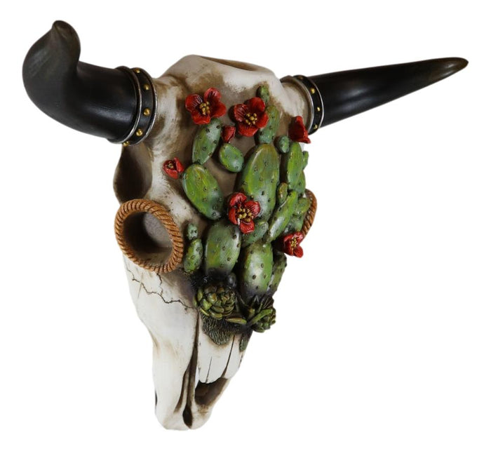12"L Southwestern Steer Cow Skull With Ropes And Cactus Blooms Wall Decor Plaque