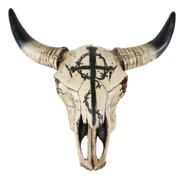 12"W Rustic Nail Spikes And Crown Of Thorns Cross Bison Bull Skull Wall Plaque