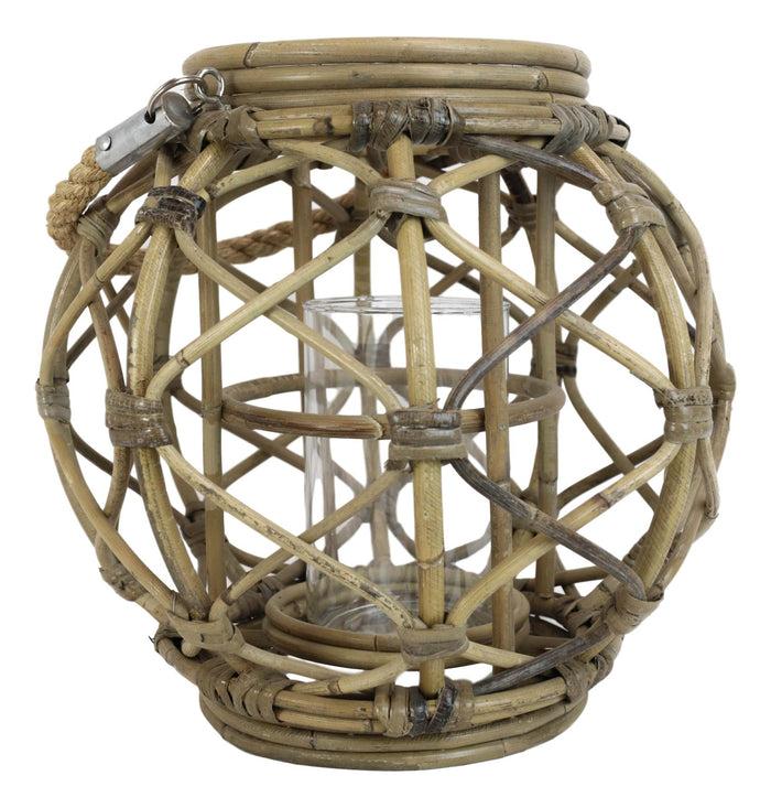13"H Rustic Farmhouse Brown Woven Rattan Candle Lantern With Jute Rope Handle