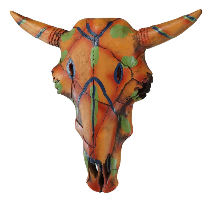13" W Western Bull Bison Cow Skull With Colorful Tribal Tattoo Wall Decor Plaque