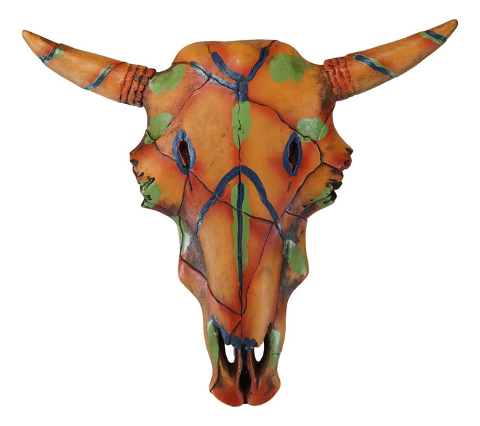 13" W Western Bull Bison Cow Skull With Colorful Tribal Tattoo Wall Decor Plaque