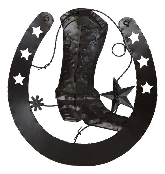 15"D Rustic Western Lucky Horseshoe Cowboy Boot Spur Stars Metal Wall Decor Sign
