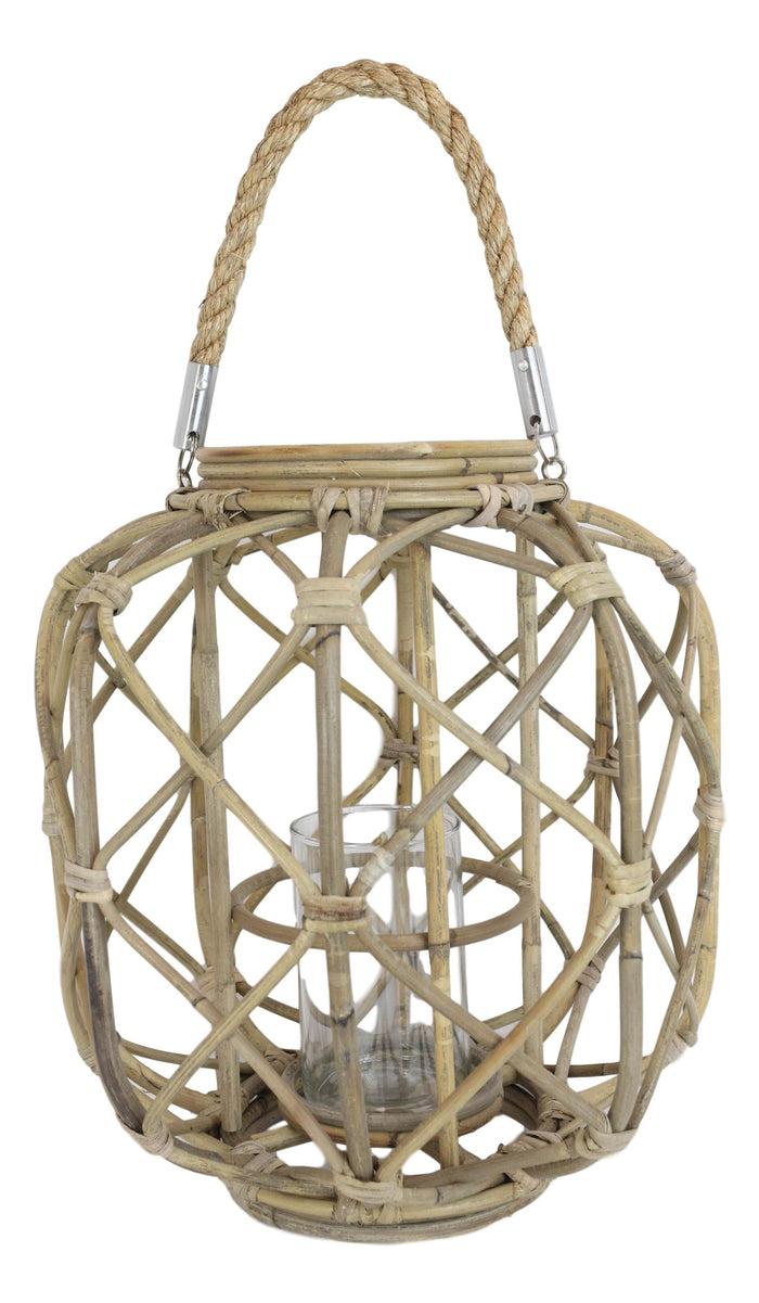 15"H Rustic Farmhouse Brown Woven Rattan Candle Lantern With Jute Rope Handle