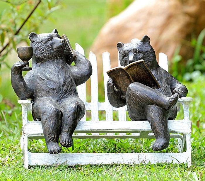 15"L Aluminum Whimsical Grizzly Bear Couple With Cell Phone Wine And Book Statue
