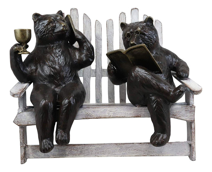 15"L Aluminum Whimsical Grizzly Bear Couple With Cell Phone Wine And Book Statue
