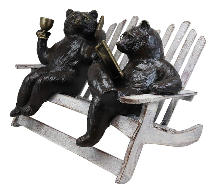 15"L Aluminum Whimsical Grizzly Bear Couple With Cell Phone Wine And Book Statue