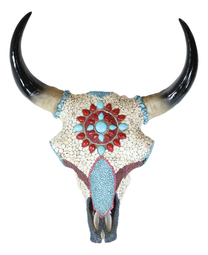 16.5"H Large Turquoise And Red Gems Mosaic Southwest Steer Cow Skull Wall Decor