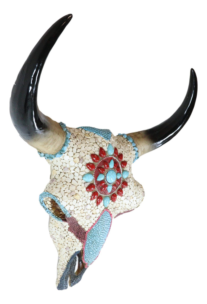 16.5"H Large Turquoise And Red Gems Mosaic Southwest Steer Cow Skull Wall Decor