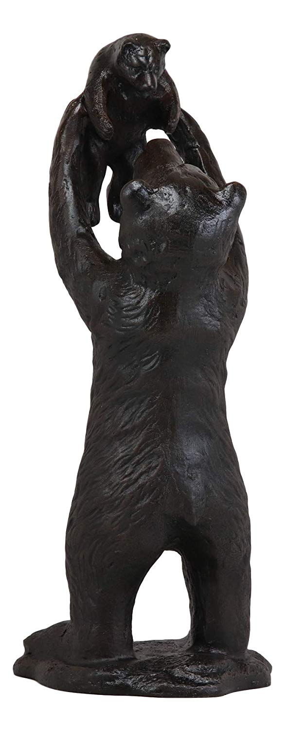 16"H Aluminum Whimsical Rustic Forest Black Momma Bear Lifting Her Cub Statue