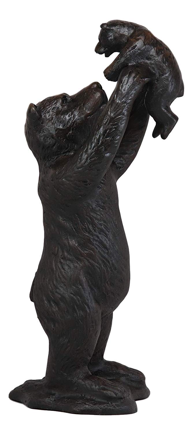 16"H Aluminum Whimsical Rustic Forest Black Momma Bear Lifting Her Cub Statue