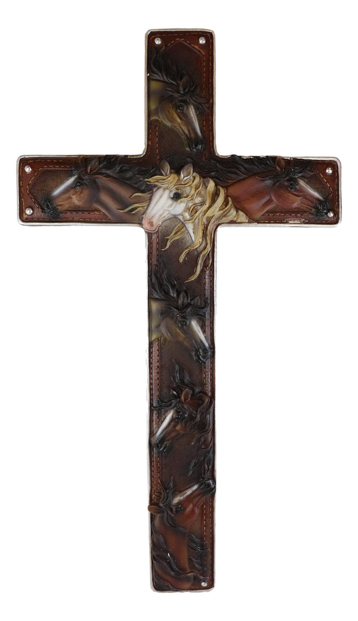 18"H Rustic Western Colorful Horses Faux Tooled Leather Wall Cross Decor Plaque