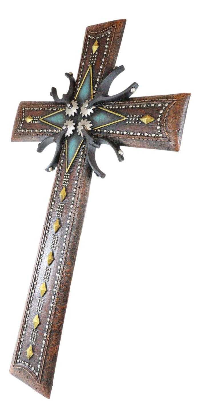 18"H Rustic Western Cowboy Tooled Leather Stars Diamonds Spurs Wall Cross Decor