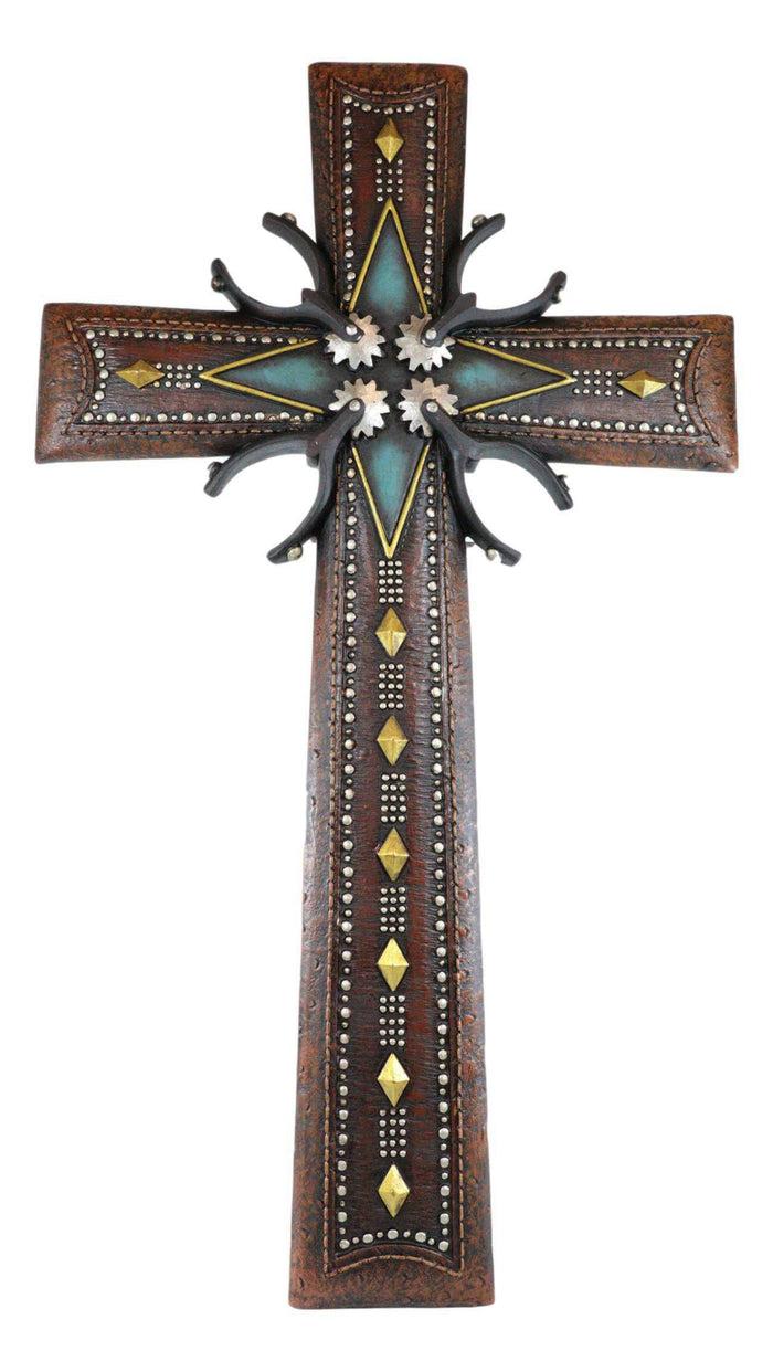 18"H Rustic Western Cowboy Tooled Leather Stars Diamonds Spurs Wall Cross Decor