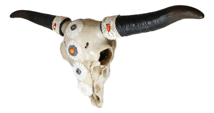 19"L Large Country Western Steer Cow Skull With White Flowers Tribal Wall Decor