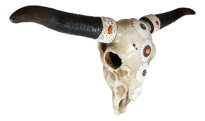 19"L Large Country Western Steer Cow Skull With White Flowers Tribal Wall Decor
