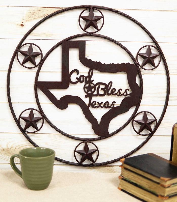 20"D Vintage Rustic Western Star God Bless Texas Metal Circle Wall Hanging Decor