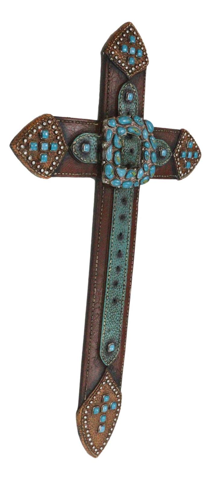 20" H Rustic Western Cowboy Faux Leather Turquoise Rocks Belt Buckle Wall Cross