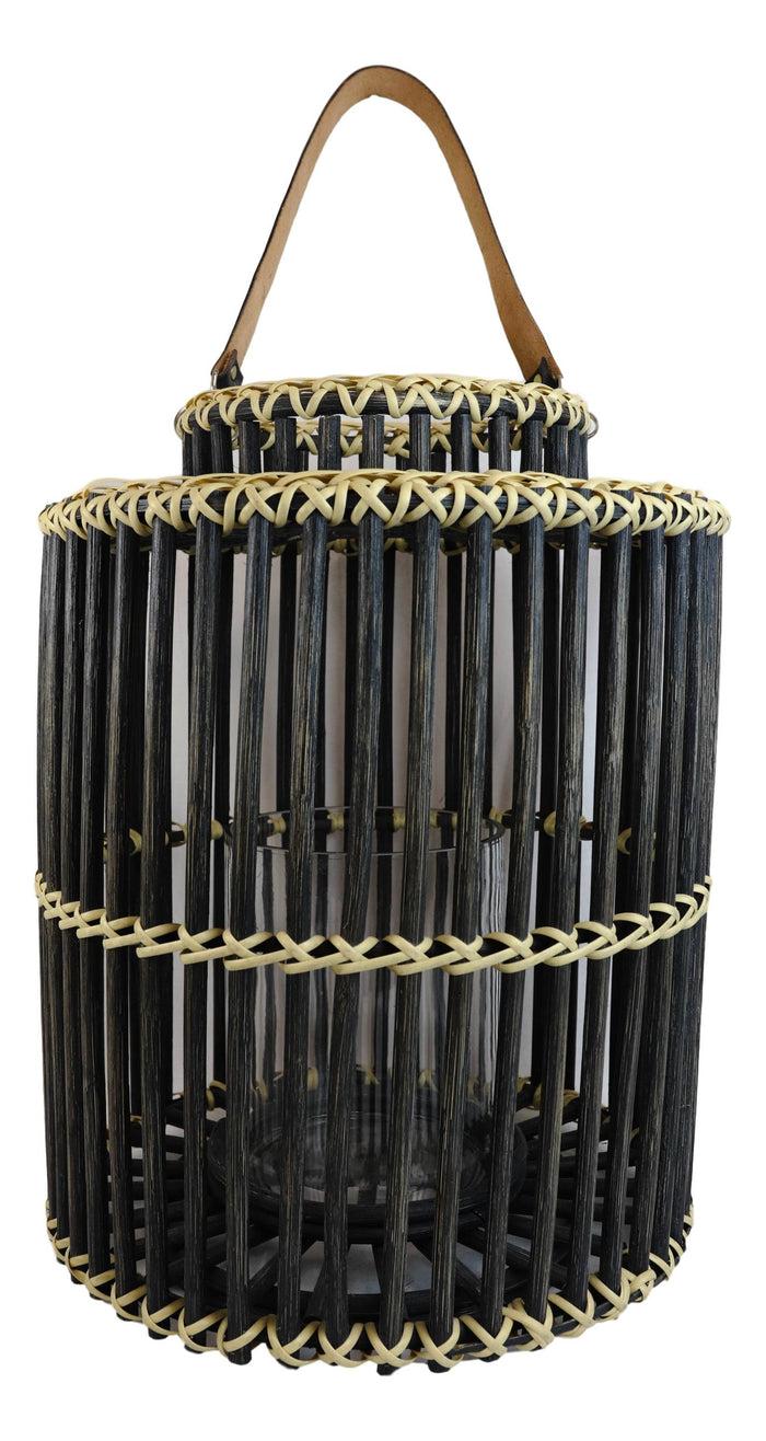 20"H Rustic Western Farmhouse Black Rattan Wood Candle Holder Lantern W/ Hanger