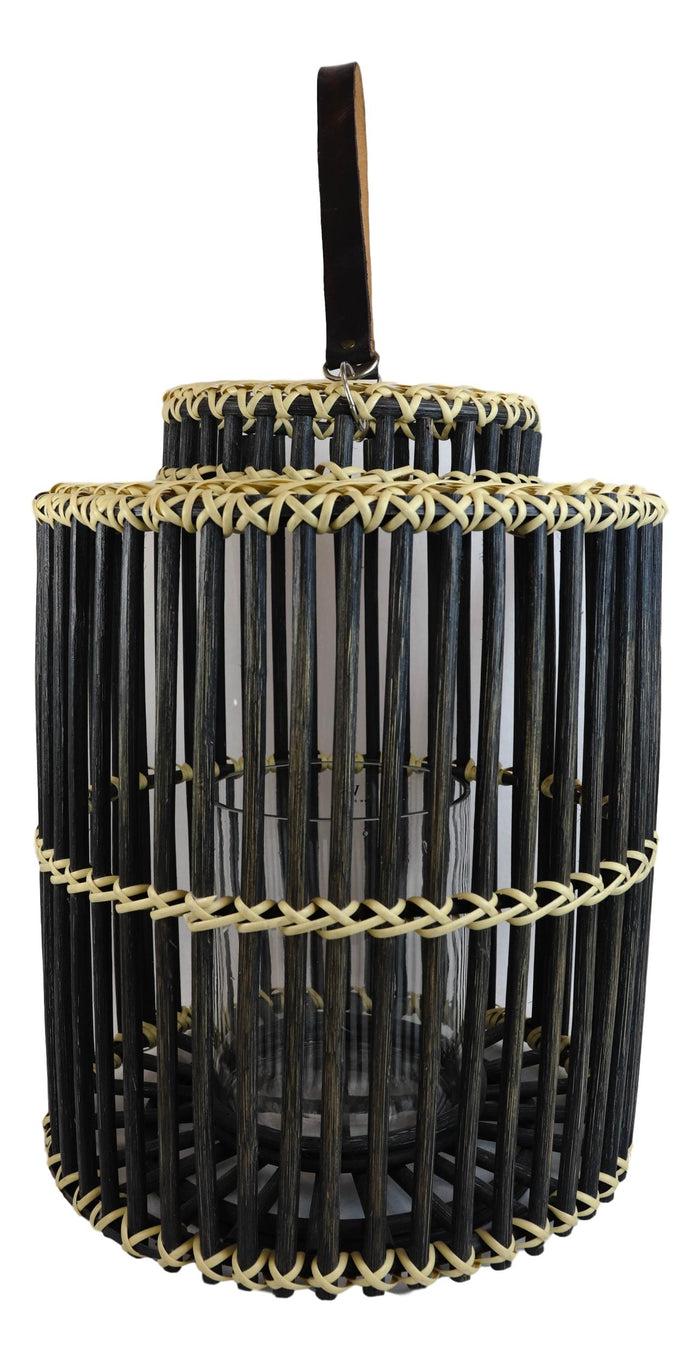 20"H Rustic Western Farmhouse Black Rattan Wood Candle Holder Lantern W/ Hanger