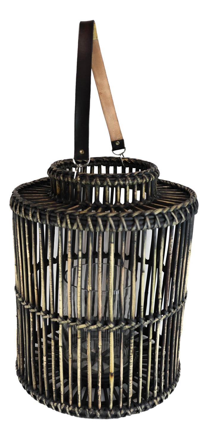 20"H Rustic Western Farmhouse Dark Rattan Wood Candle Holder Lantern With Hanger