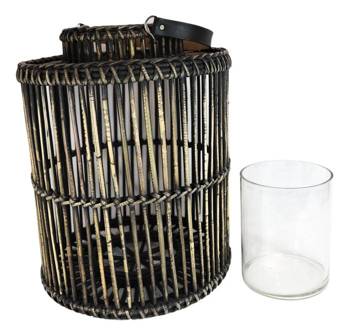 20"H Rustic Western Farmhouse Dark Rattan Wood Candle Holder Lantern With Hanger