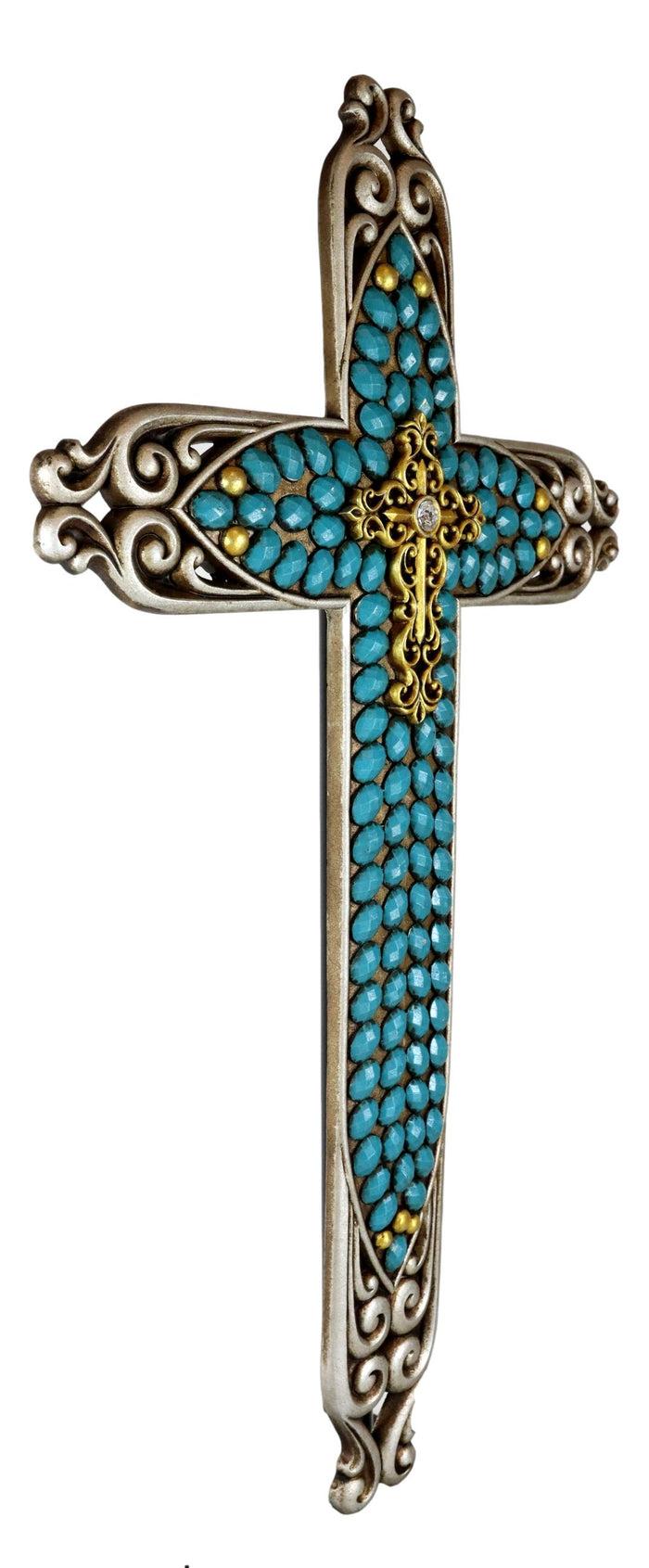 20"H Rustic Western Scroll Lace Le Fleur Wall Cross With Turquoise Gemstones