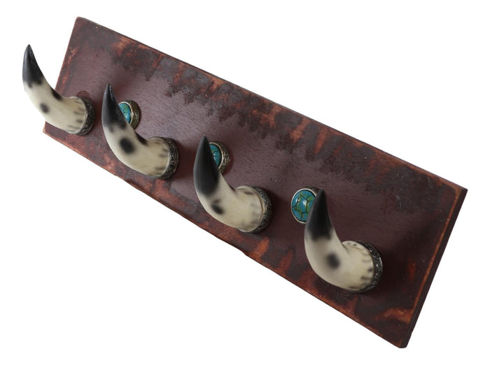 20"L Rustic Western Country Bull Cow Horns With Gems Wall Hooks Wooden Plaque