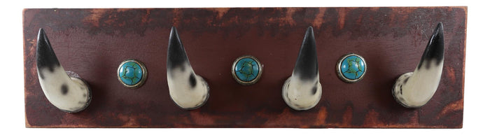 20"L Rustic Western Country Bull Cow Horns With Gems Wall Hooks Wooden Plaque