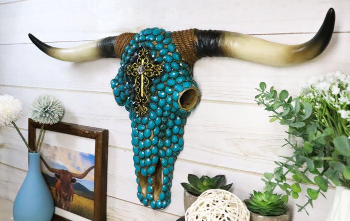 20" L Rustic Western Turquoise Beads Cross Longhorn Bull Cow Skull Wall Decor