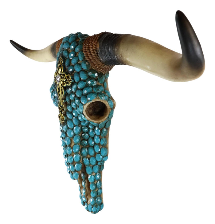 20" L Rustic Western Turquoise Beads Cross Longhorn Bull Cow Skull Wall Decor