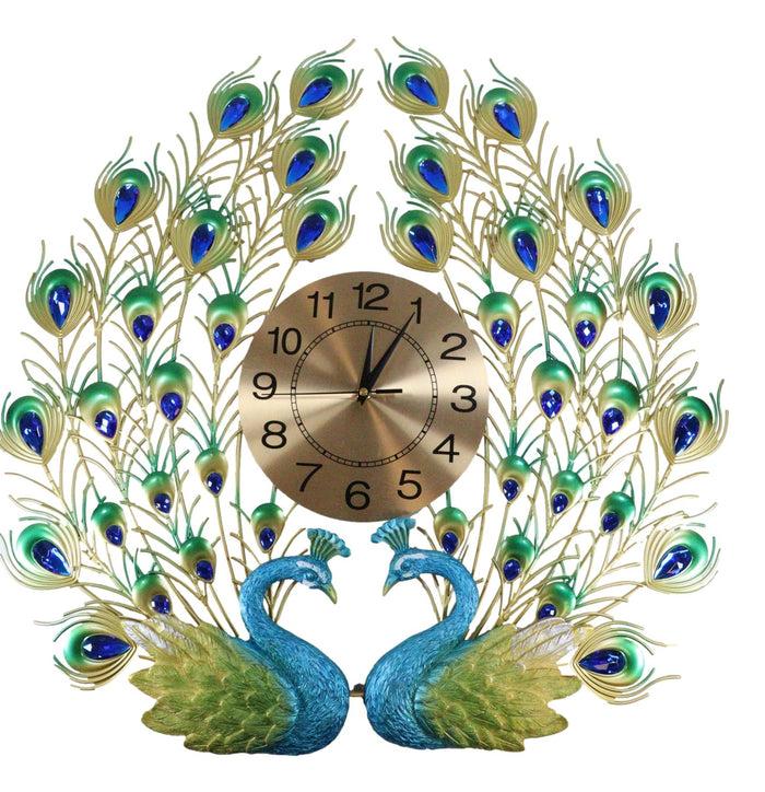 25"H Large Valentine Lover Peacocks Iris Gold Plated Colorful Metal Wall Clock