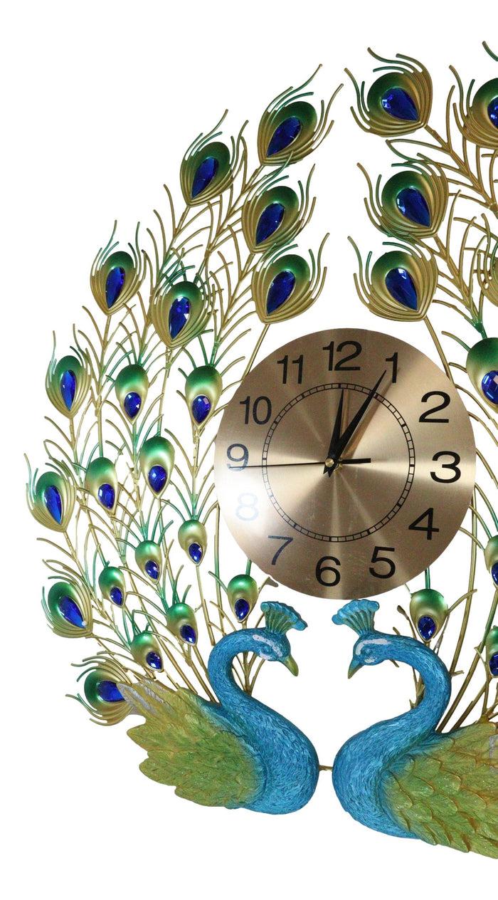 25"H Large Valentine Lover Peacocks Iris Gold Plated Colorful Metal Wall Clock
