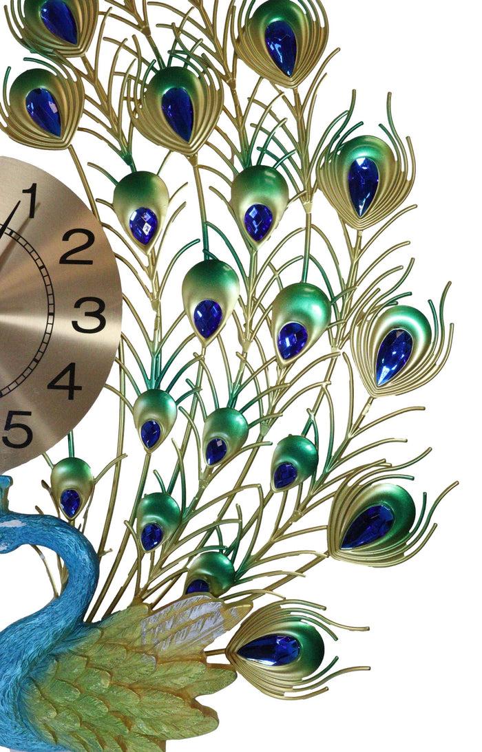 25"H Large Valentine Lover Peacocks Iris Gold Plated Colorful Metal Wall Clock