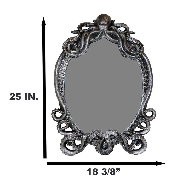 25"H Large Vintage Silver Marine Sea Monster Kraken Cthulhu Octopus Wall Mirror