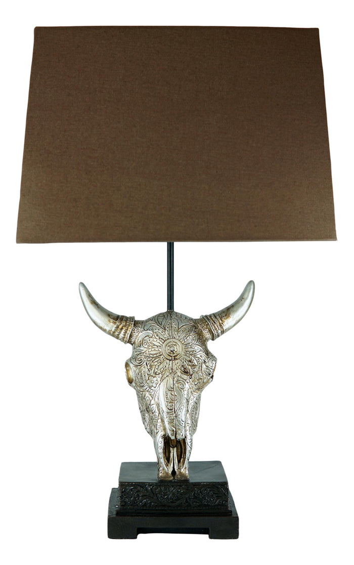 26" Southwest Vintage Rustic Floral Scroll Steer Bison Skull Table Lamp W/ Shade