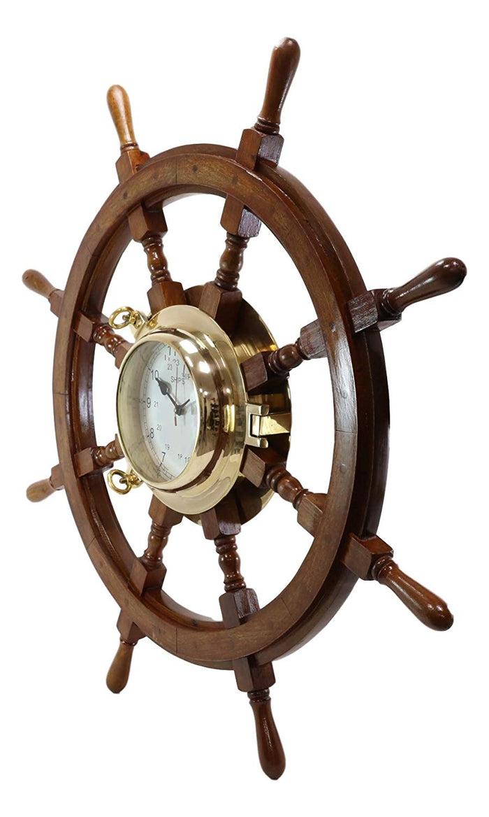 33.25"W Nautical Rustic Wood And Brass Ship Steering Helm Wheel Wall Clock Decor