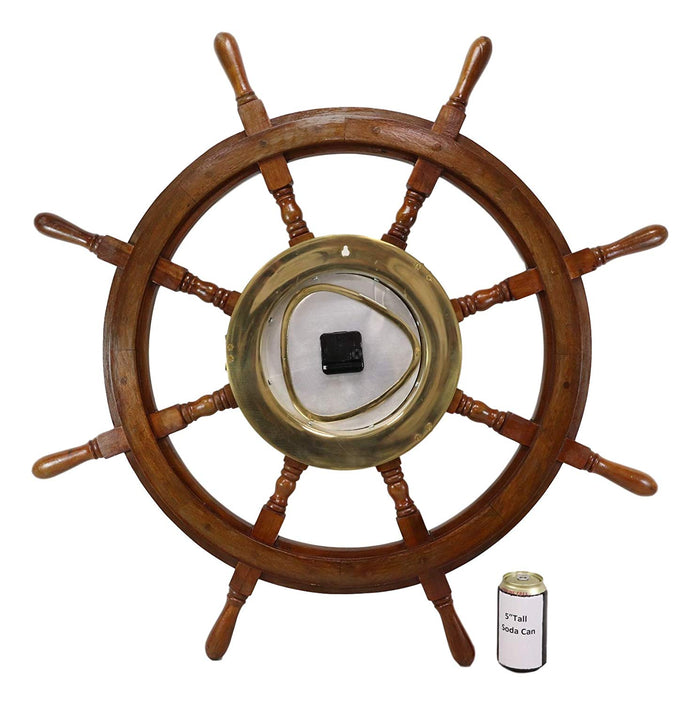 33.25"W Nautical Rustic Wood And Brass Ship Steering Helm Wheel Wall Clock Decor