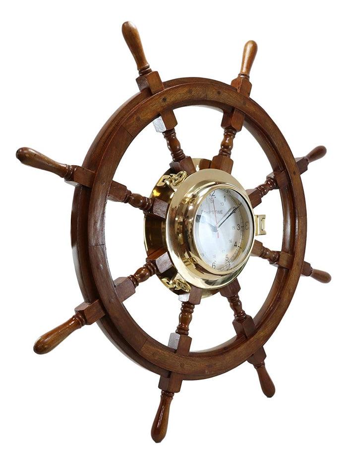 33.25"W Nautical Rustic Wood And Brass Ship Steering Helm Wheel Wall Clock Decor