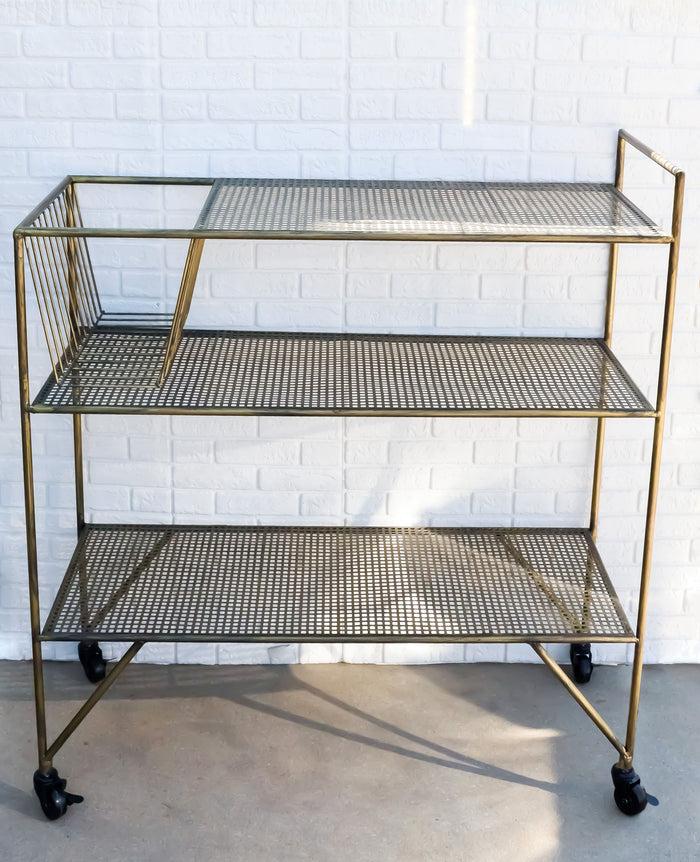 39"H Contemporary Brushed Gold Metal 3 Tier Shelf And Basket Bar Serving Cart